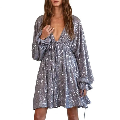 V-neck Dress Loose Fit Dress Sequin Shimmering V Neck Party Dress with Lace-up Strap Look Elegant Clubwear for Women Long Sleeve