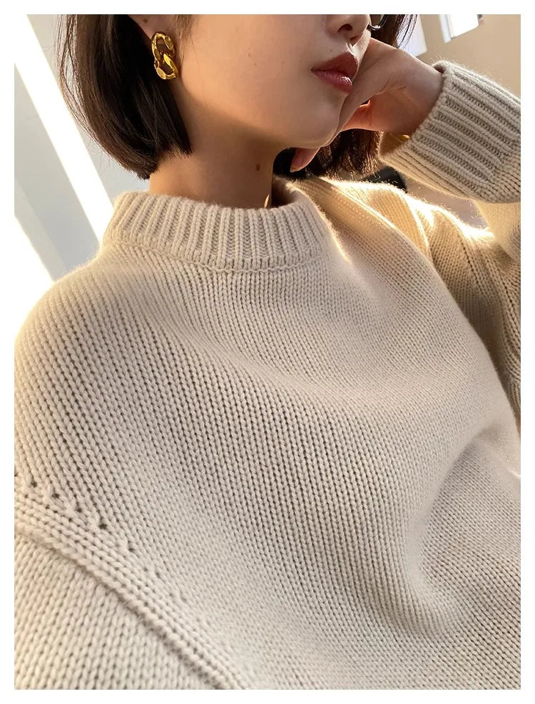 High-end series!  Round neck 100% pure cashmere sweater pullover silhouette sweater women's thick loose knit