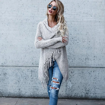 Women Knitted Warm Sweater Winter Cardigans Long Sleeve Tassel Fringe Shawl Poncho Oversized Cardigan