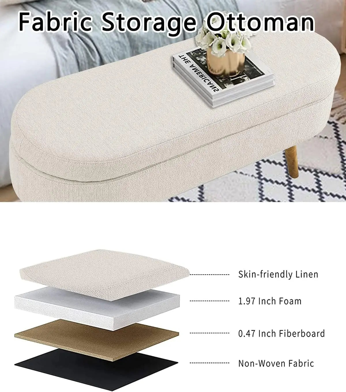 Oval Storage Bench 43.5" Linen Fabric Upholstered Entryway with Solid Wood Legs Ottoman Indoor