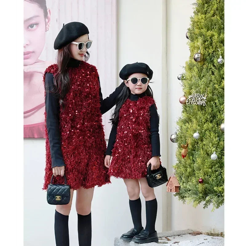 2025 Mother Daughter Warm SleevelessFashion Mommy and Me One Piece Clothes Dress Shiny Winter Mom Baby Girl Thick Dresses