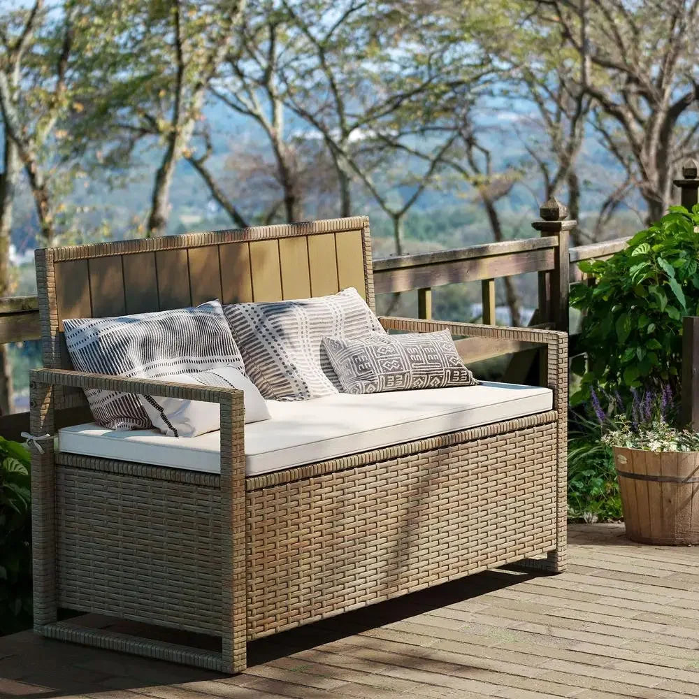 Outdoor PE Rattan Storage Bench Deck Box 70 Gallon with Cushions All-Weather Wicker Seat Patio Furniture Storage Pool Garden