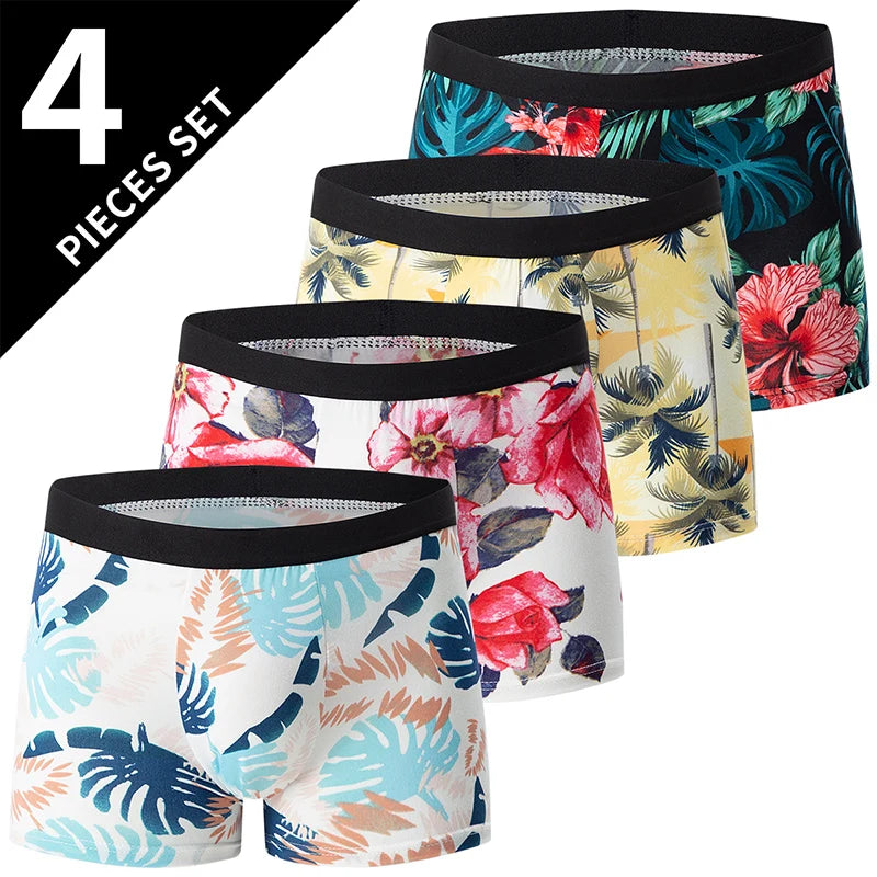 4-piece men's printed letter underwear beach shorts comfortable breathable teenagers plus size underwear up to 6XL.