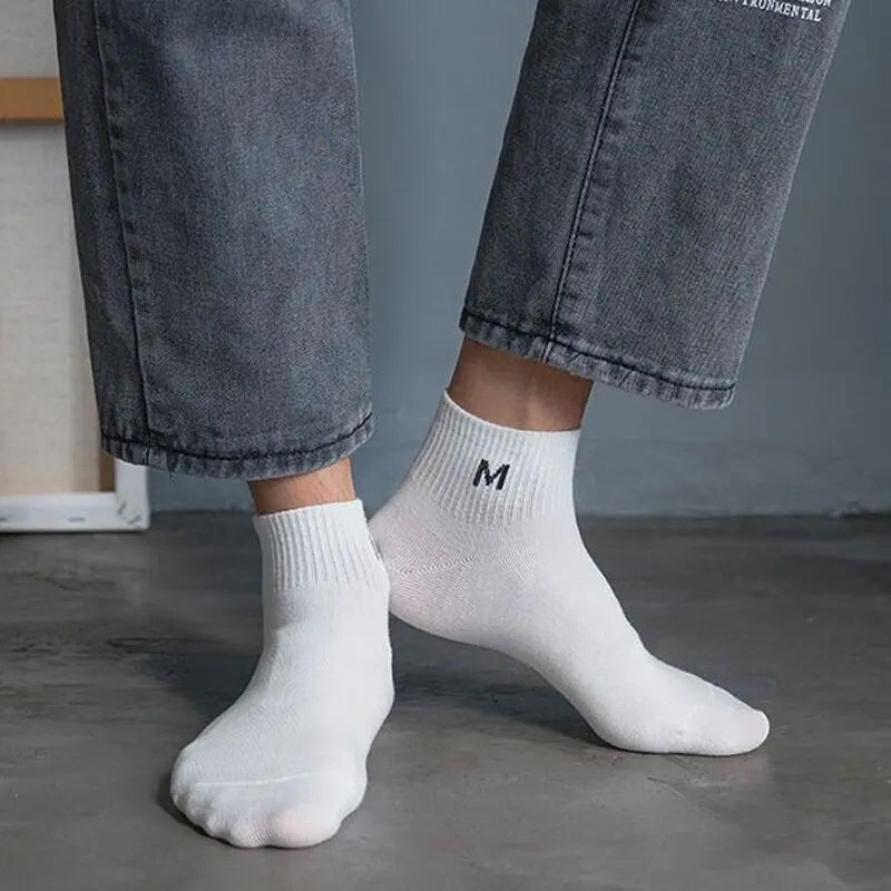 5 Pairs Men's Short Tube Socks Four Seasons Thin Letter M Series Solid Color Simple Versatile Light Mouth Low Top Boat Socks