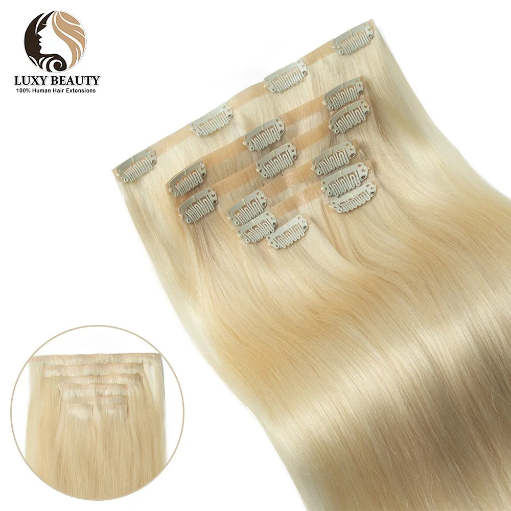 Invisible PU Clip In Hair Extensions Human Hair Injected PU Tape Weft Hair Extensions Brown Blonde Black Clip On Hair 7Pcs/set