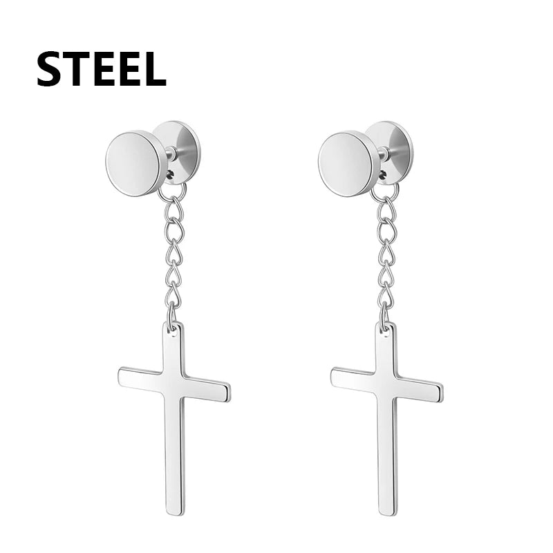 2pc Stainless Steel Men Cross Stars Punk Dangle Earrings Gothic Woman Cross Ear Hoop Earrings Huggies Pendant Piercing Jewelry