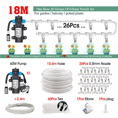 White 1/4" PE Hose 0.8mm 60W Self-Priming Pump Garden Misting Watering Irrigation Kits System Greenhouse Timer Automatic Sprayer