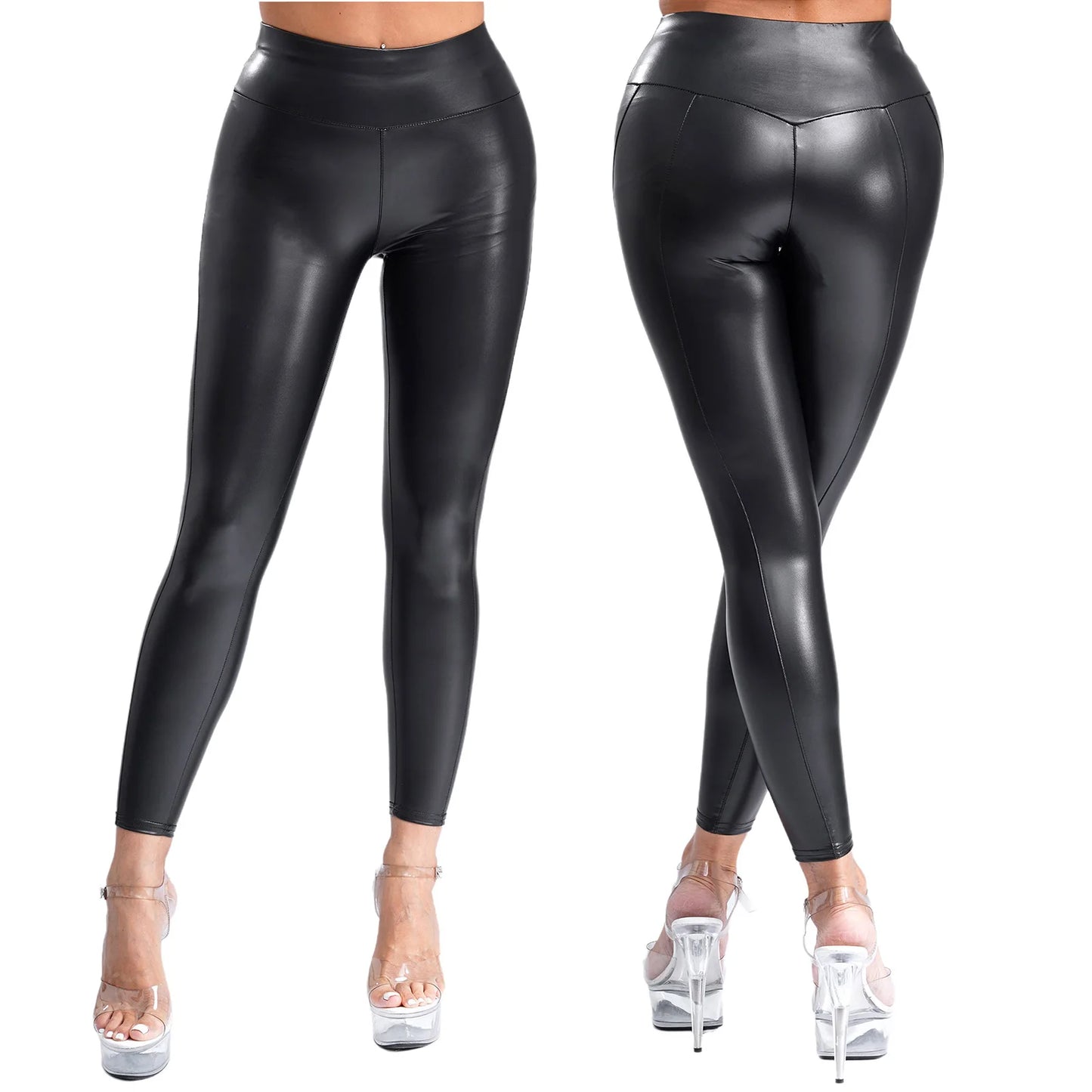 Womens Patchwork Stretchy Leggings Black PU Leather Yoga Pants Exercise Rave Clubwear Music Festival Clothings Gym Fitness