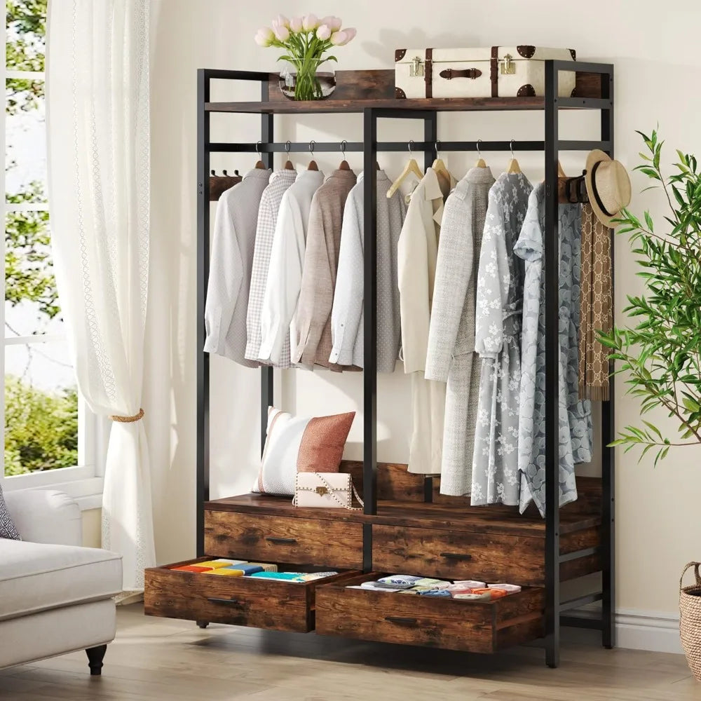 Freestanding Closet Organizer for Hanging Clothes, Heavy Duty Garment Rack with 4 Drawers, 8 Hooks and Storage Shelves