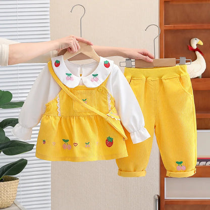 Kids Baby Girl Boutique Clothes 2024 Spring Fruit Suspender Skirts + White T-shirts + Pants Toddler Girls Outfits Children's Set