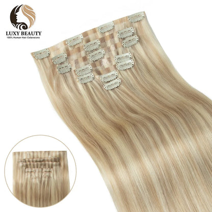 Invisible PU Clip In Hair Extensions Human Hair Injected PU Tape Weft Hair Extensions Brown Blonde Black Clip On Hair 7Pcs/set