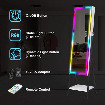 RGB LED Mirror Jewelry Cabinet,Standing Jewelry Armoire Organizer Full Length Mirror with Storage, Lockable Jewelry Mirror