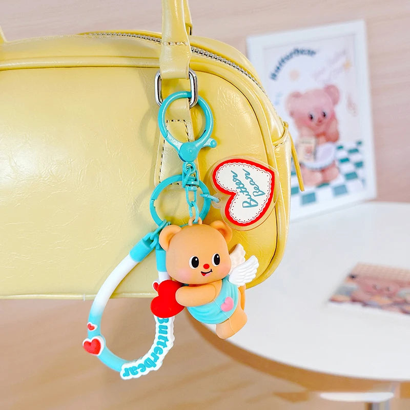 Cartoon Butter Bear Keychain Cute Anime PVC Bear Keyring Toys For Women Girls Cupid Dolls Pendant Bag Accessories Couple Gift