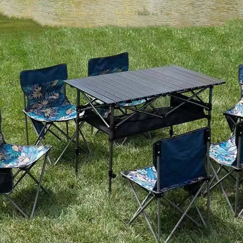 Outdoor Folding Long Table Portable Storage Black Camping Desk Barbecue Easy To Install With Net Bag Light Stable