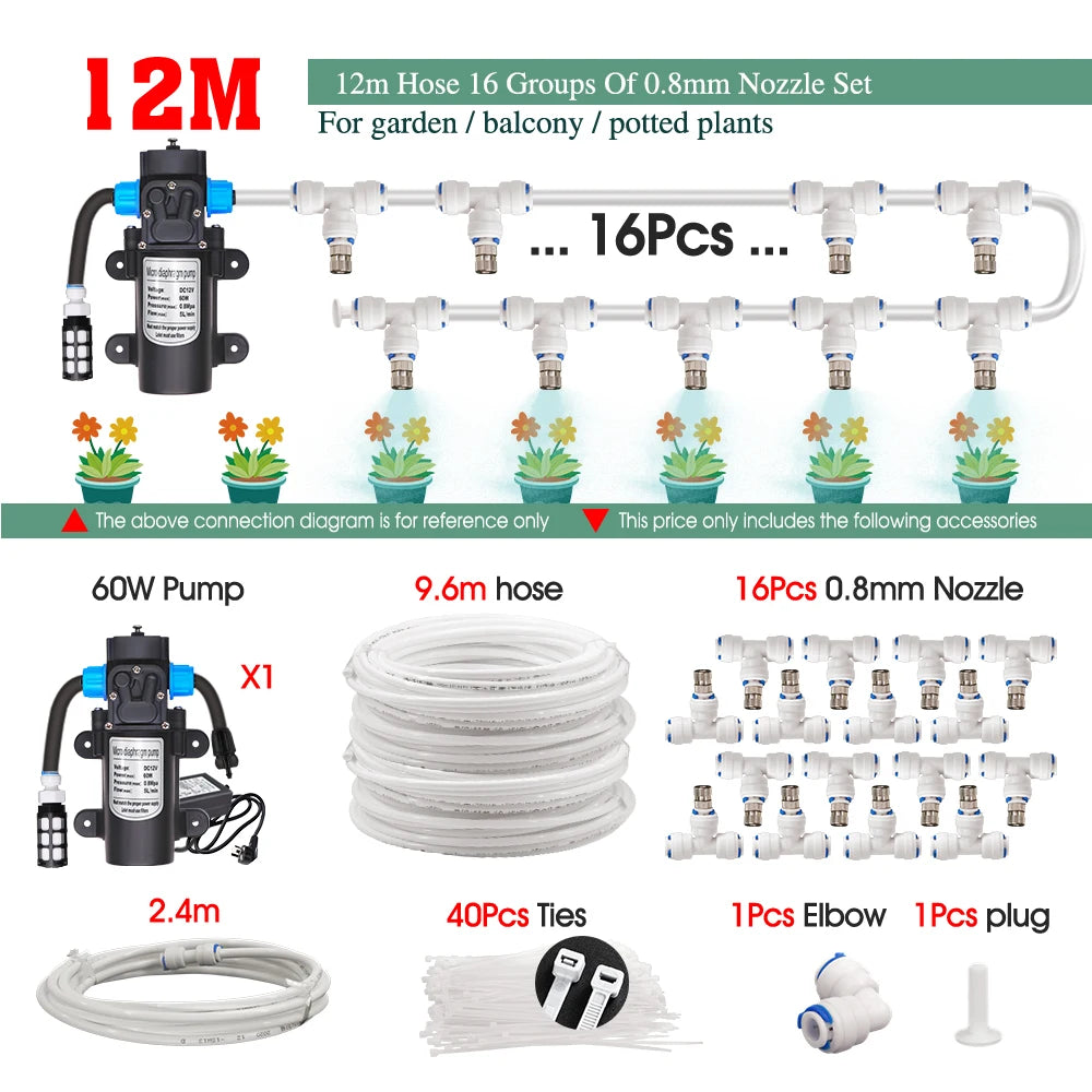 White 1/4" PE Hose 0.8mm 60W Self-Priming Pump Garden Misting Watering Irrigation Kits System Greenhouse Timer Automatic Sprayer