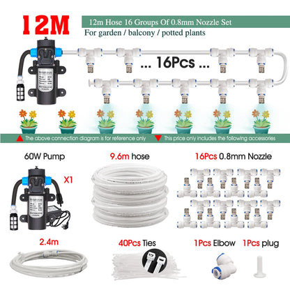 White 1/4" PE Hose 0.8mm 60W Self-Priming Pump Garden Misting Watering Irrigation Kits System Greenhouse Timer Automatic Sprayer