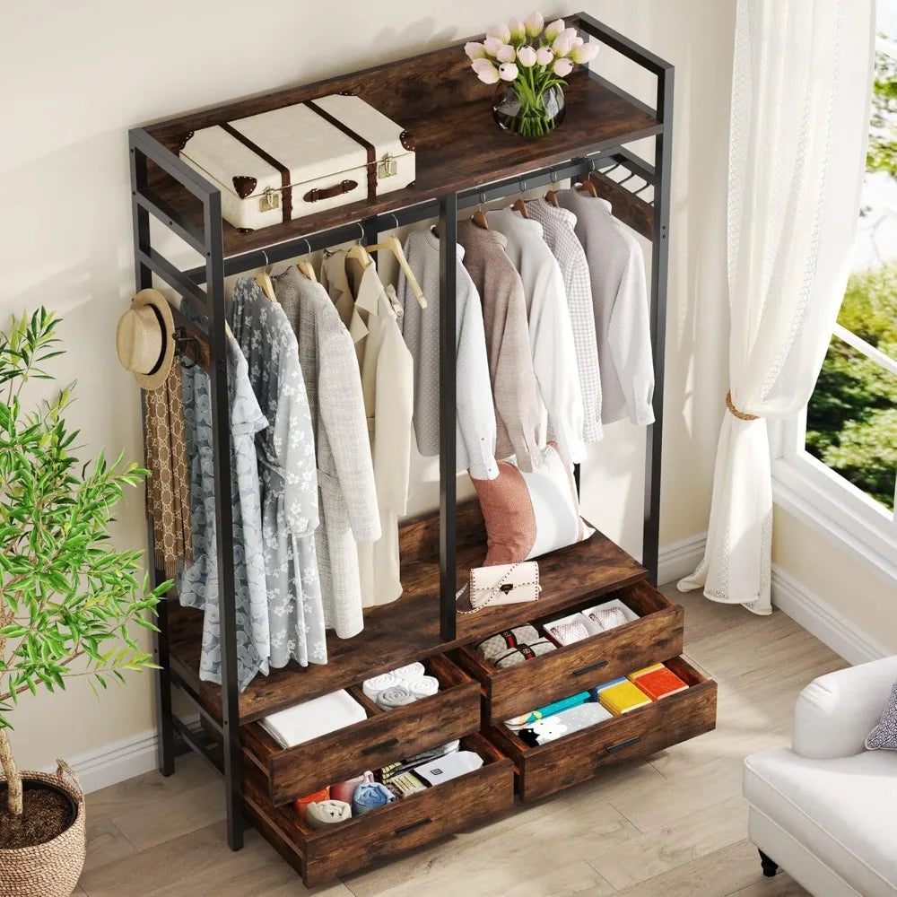 Freestanding Closet Organizer for Hanging Clothes, Heavy Duty Garment Rack with 4 Drawers, 8 Hooks and Storage Shelves