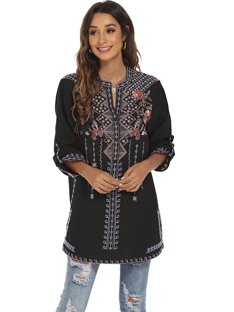 KHALEE YOSE Vintage Floral Embroidery Blouses Shirt Boho Mexican Shirts Autumn Long Sleeve 2xl 3xl Ethnic Hippie Woman Tops