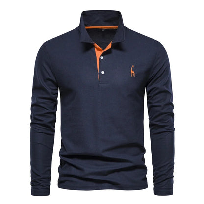 AIOPESON 2023 New Men's Deer Embroidery Polo Shirts Solid Color Long Sleeve Social Business Male