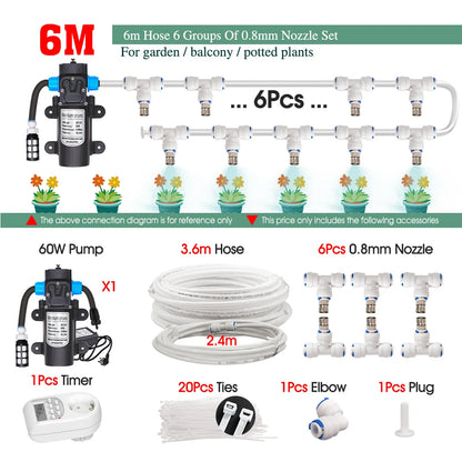 White 1/4" PE Hose 0.8mm 60W Self-Priming Pump Garden Misting Watering Irrigation Kits System Greenhouse Timer Automatic Sprayer