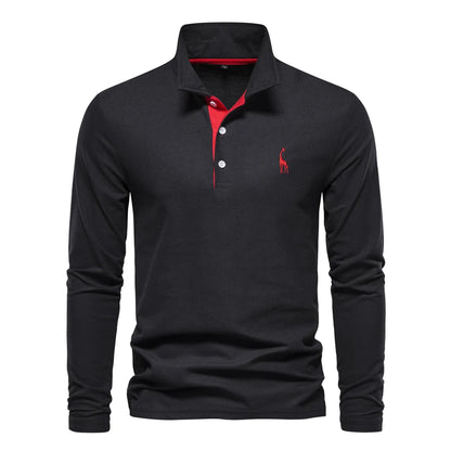 AIOPESON 2023 New Men's Deer Embroidery Polo Shirts Solid Color Long Sleeve Social Business Male