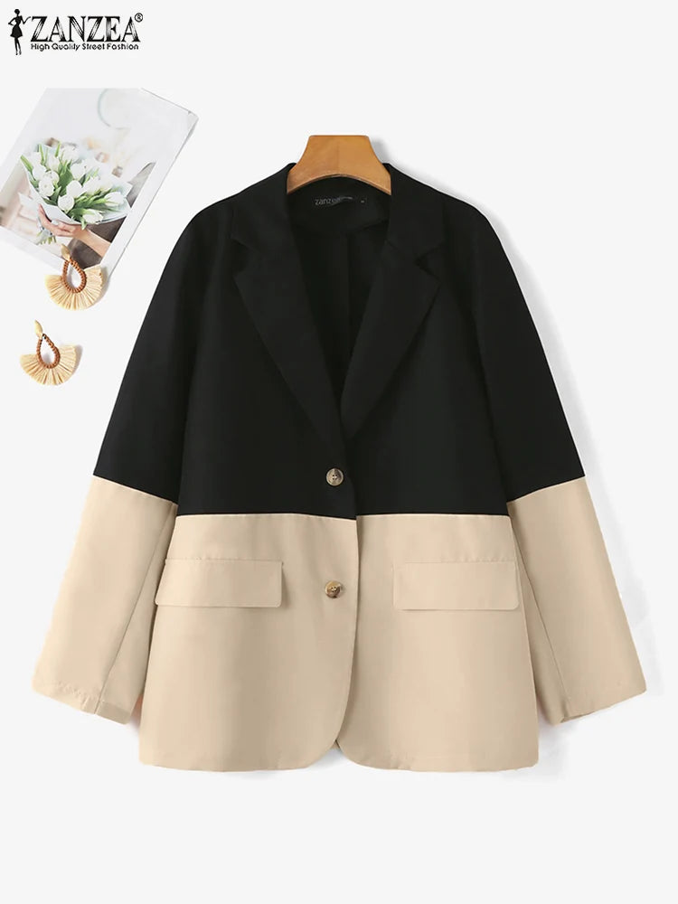 Fashion Women Blazer ZANZEA Autumn Elegant OL Work Suits Stylish Long Sleeve Contrast Color Jackets Casual Officewear Blazer