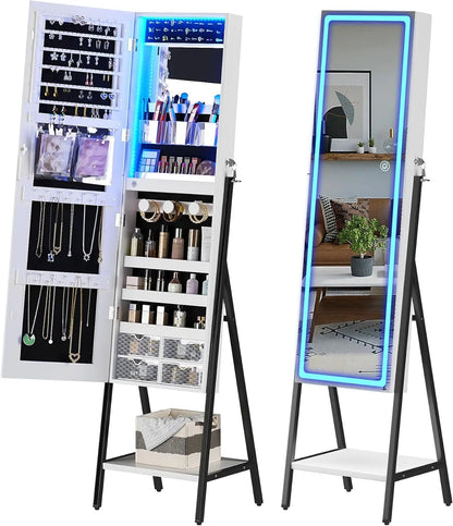 RGB LED Mirror Jewelry Cabinet,Standing Jewelry Armoire Organizer Full Length Mirror with Storage, Lockable Jewelry Mirror