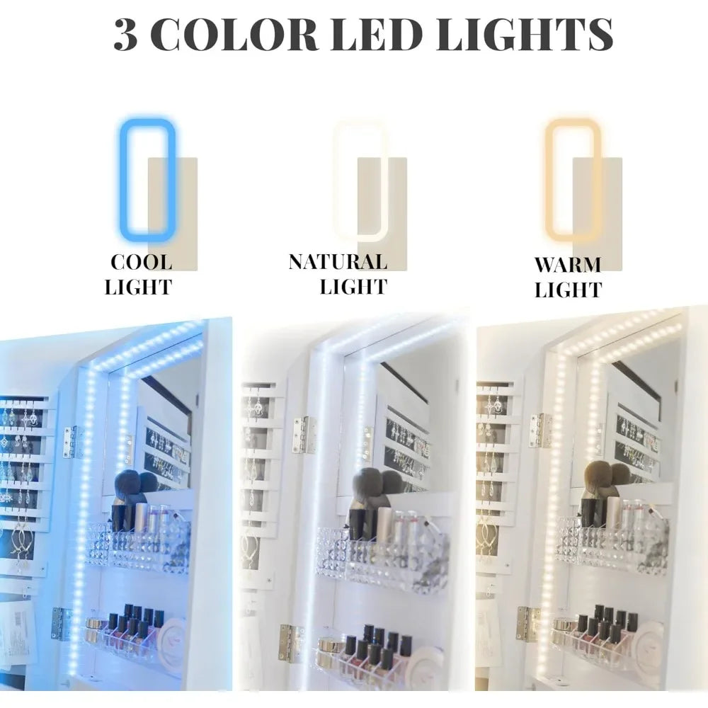 Mirror Jewelry Cabinet Standing 360° Swivel Jewelry Armoire with 3 Color LED Lights  Lockable Jewelry Organizer