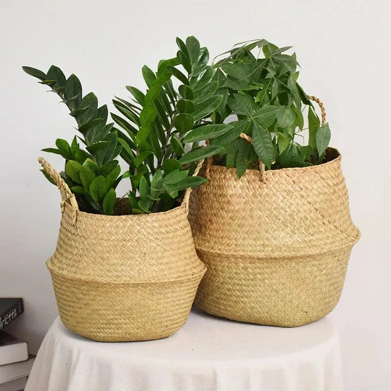 Wicker Basket Toy Organizer Folding Rattan Seagrass Storage Basket Laundry Woven Basket Plant Flower Pot For Home Garden