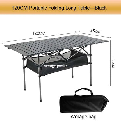 Outdoor Folding Long Table Portable Storage Black Camping Desk Barbecue Easy To Install With Net Bag Light Stable