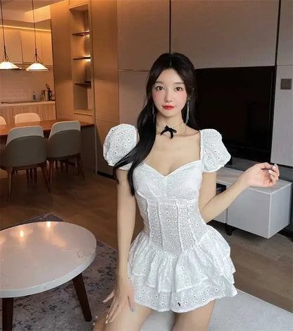 Retro Puff Sleeve White Corset Dress 2023 Summer Autumn New Fashion French Style Short Dresses Women's Clothing Party Club Wear