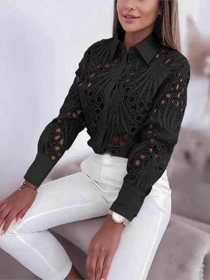 Fashion New Lace Hollow Long Sleeve Shirt Tops For Women Spring Autumn Lapel Elegant Office Lady Blouse Top Casual Button Shirts