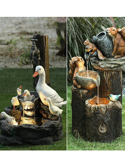 D2 Duck Squirrel Solar Power Resin Patio Fountain Garden Design With Led Light Garden Decoration Outdoor Simulation Decoration