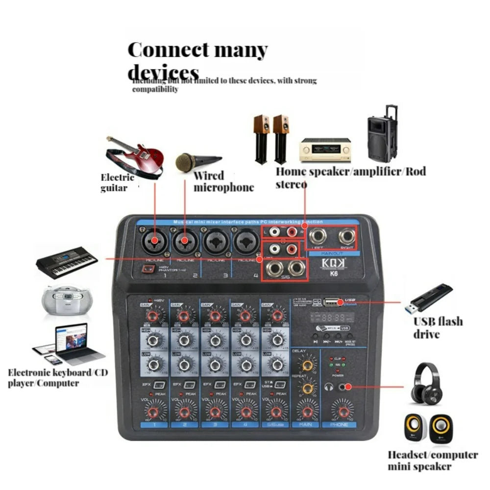 USB 6 Channel Audio Mixer Audio DJ Mixer Digital Sound Board Console with Sound Card Bluetooth 48V Phantom Power DJ Equipment