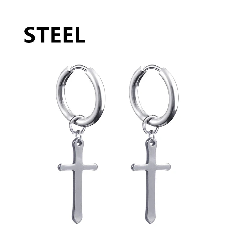 2pc Stainless Steel Men Cross Stars Punk Dangle Earrings Gothic Woman Cross Ear Hoop Earrings Huggies Pendant Piercing Jewelry