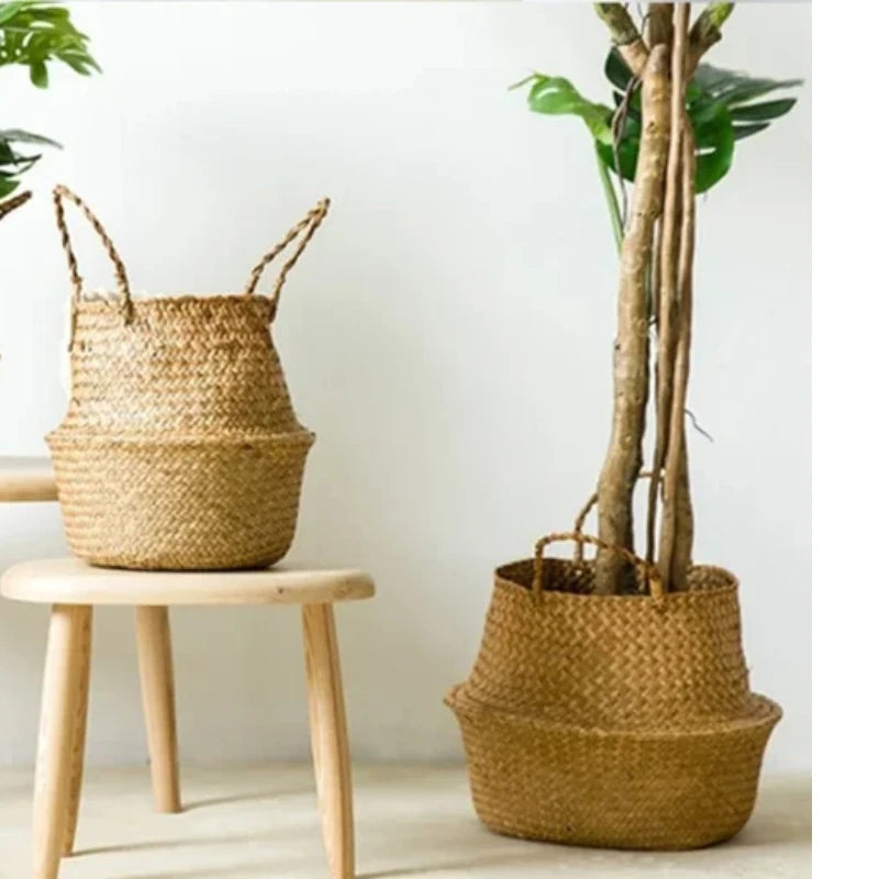 2024 Grass Handmade Weaving Storage Basket Flower Pot Handheld Vegetable Basket Hand Jacquard Pot Cover Home Decoration