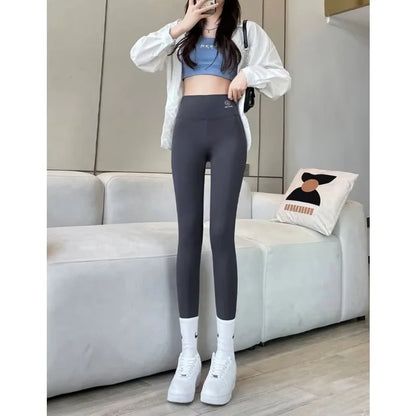 2025 Summer New Women's Solid Color Nine Points Raised Belly Buttock Shark Yoga Pants Show Tall And Thin All Matching Leggings