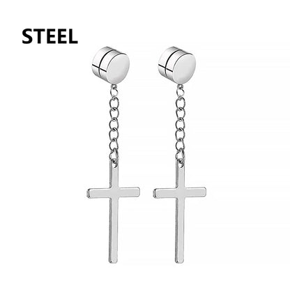 2pc Stainless Steel Men Cross Stars Punk Dangle Earrings Gothic Woman Cross Ear Hoop Earrings Huggies Pendant Piercing Jewelry