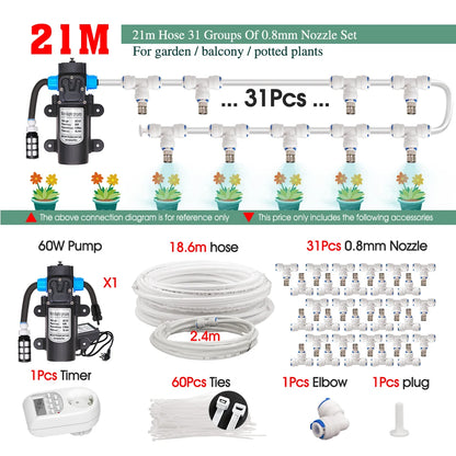 White 1/4" PE Hose 0.8mm 60W Self-Priming Pump Garden Misting Watering Irrigation Kits System Greenhouse Timer Automatic Sprayer