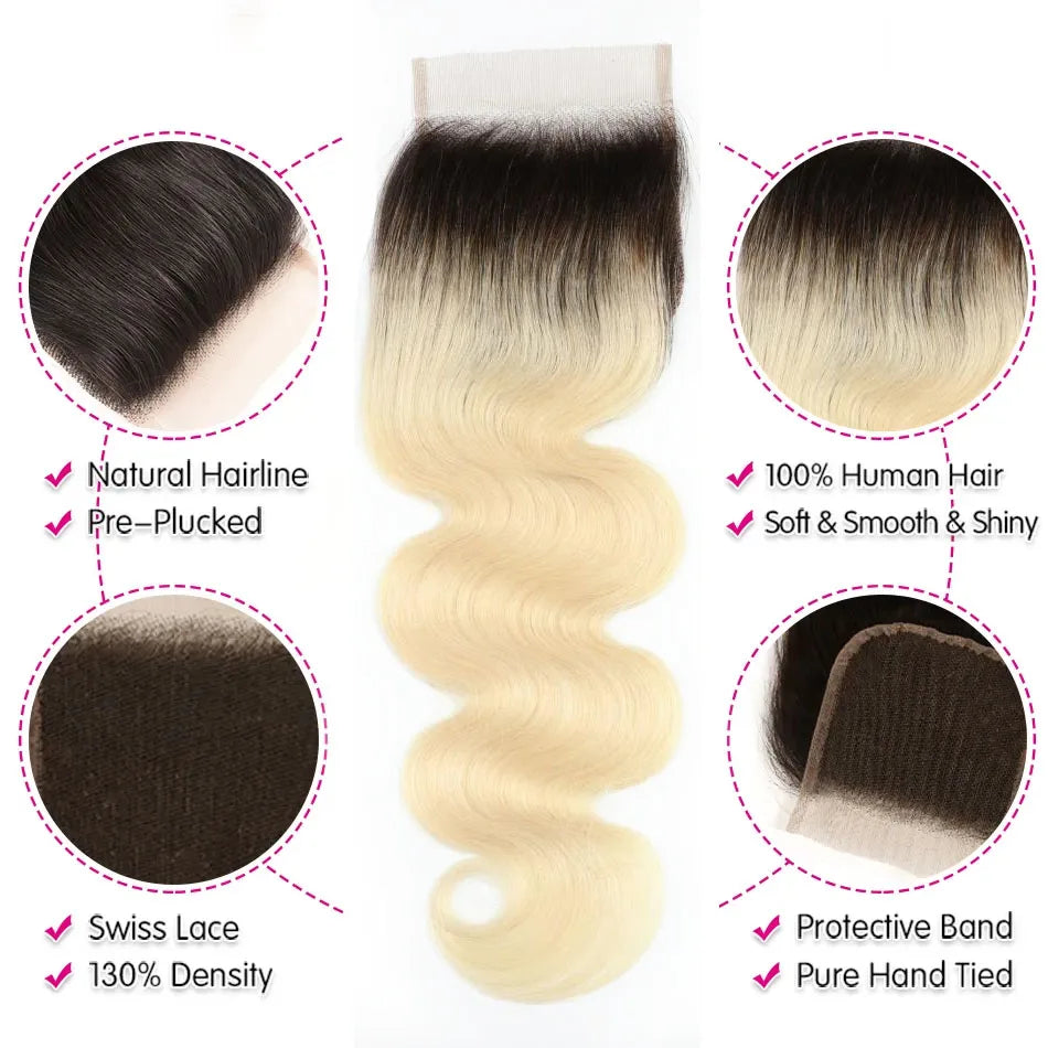 1b 613 Body Wave 4x4 Lace Closure HD Transparent Brazilian Hair Closure 100%Human Hair 13x4 Lace Frontal Ombre Blonde Preplucked