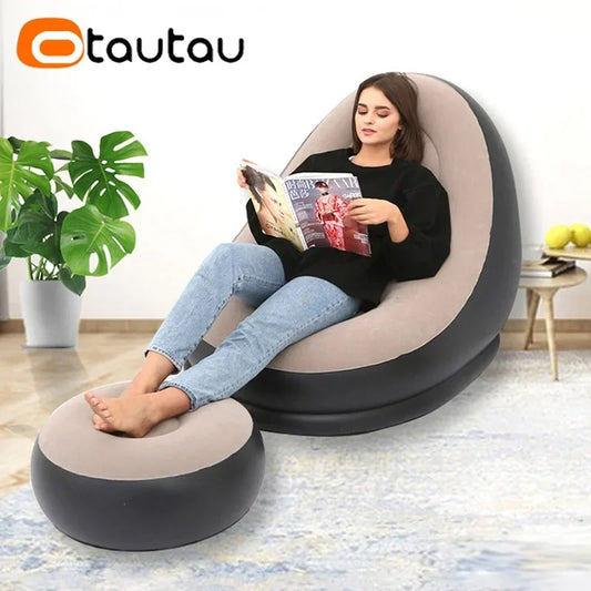 OTAUTAU Inflatable Lazy Sofa Chair PVC Flocking Foldable Sofa with Slip-on Lunch Lounge Chair Set