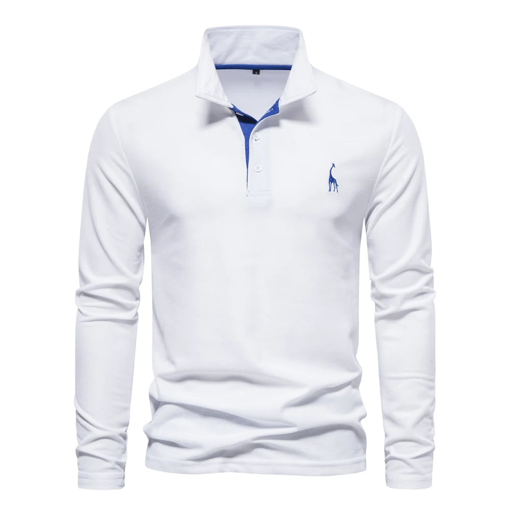 AIOPESON 2023 New Men's Deer Embroidery Polo Shirts Solid Color Long Sleeve Social Business Male