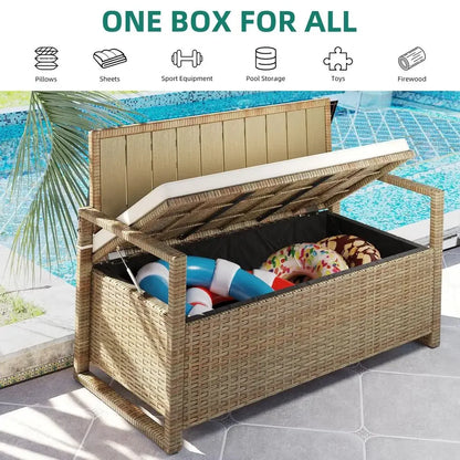 Outdoor PE Rattan Storage Bench Deck Box 70 Gallon with Cushions All-Weather Wicker Seat Patio Furniture Storage Pool Garden