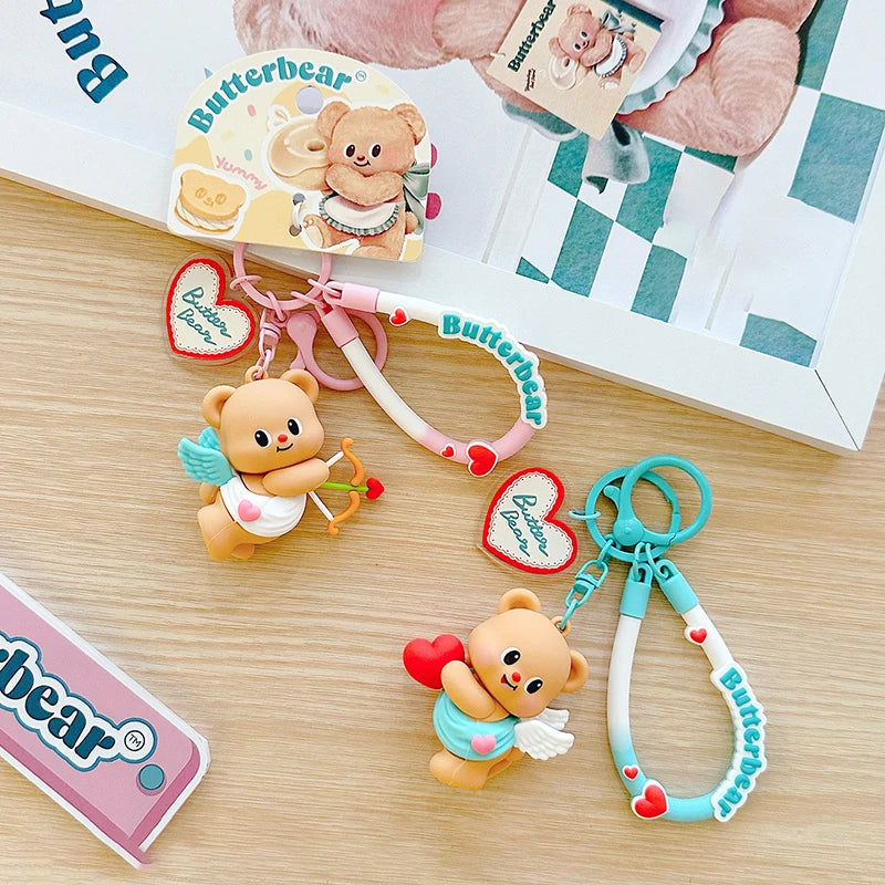 Cartoon Butter Bear Keychain Cute Anime PVC Bear Keyring Toys For Women Girls Cupid Dolls Pendant Bag Accessories Couple Gift