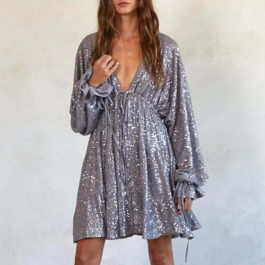 V-neck Dress Loose Fit Dress Sequin Shimmering V Neck Party Dress with Lace-up Strap Look Elegant Clubwear for Women Long Sleeve