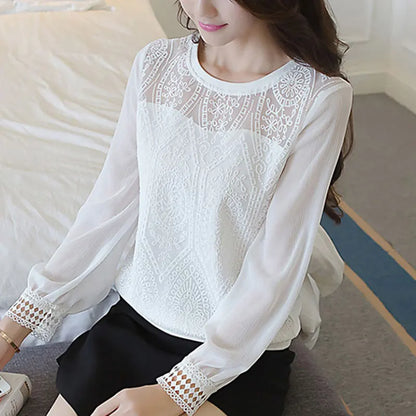 Women Autumn New Style Simplicity Solid Color Casual Office Lady Lace Chiffon Shirts Women Clothes Elegant Fashion Loose Tops