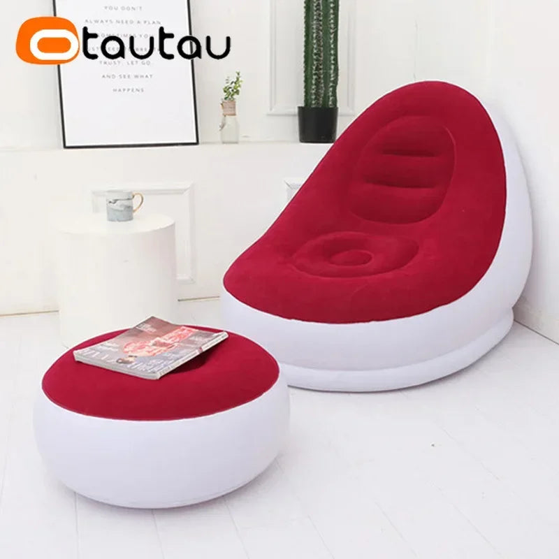 OTAUTAU Inflatable Lazy Sofa Chair PVC Flocking Foldable Sofa with Slip-on Lunch Lounge Chair Set