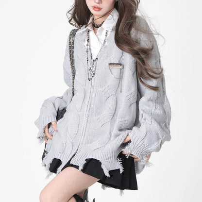 Women Casual Streetwear Oversized Harajuku Gothic Zipper Knitted Cardigan Vintage Y2K Fairy V Neck Long Sleeve Chic Sweater Coat