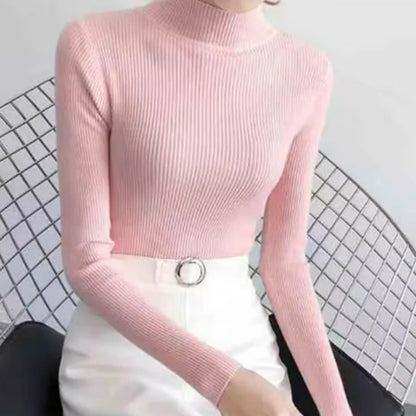 Autumn Winter Mock Neck Women Sweater Vintage Basic Solid Knitted Tops Casual Slim Pullover Korean Sweaters Simple Chic Jumpers