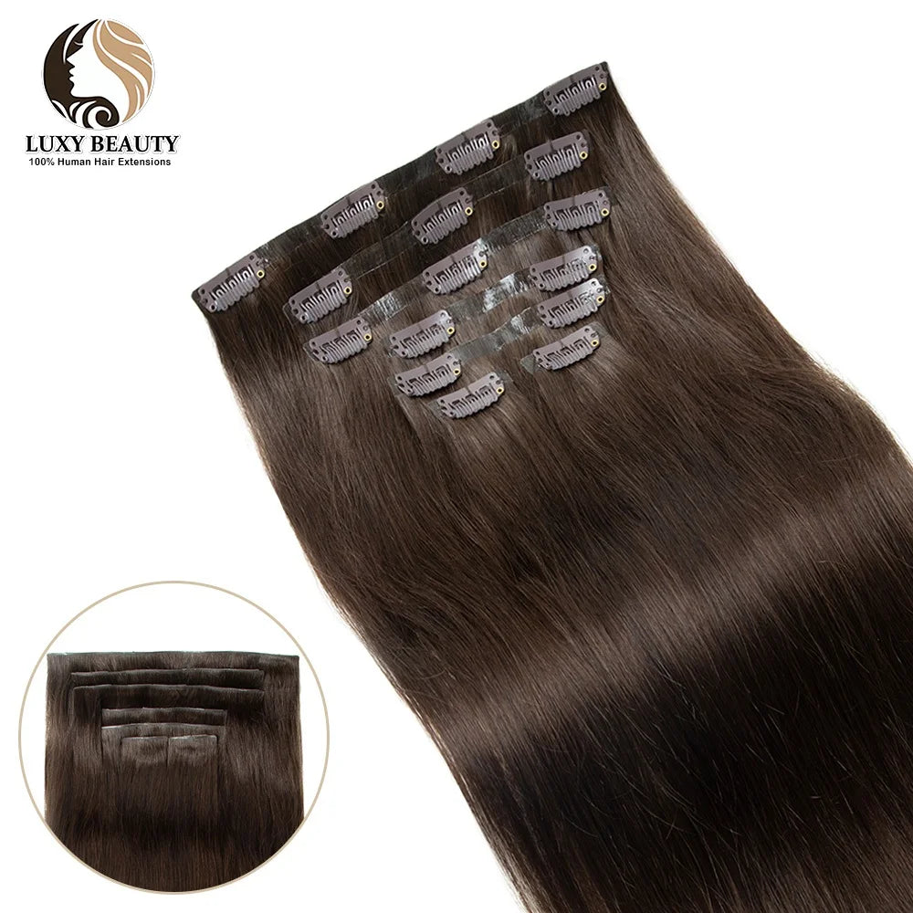 Invisible PU Clip In Hair Extensions Human Hair Injected PU Tape Weft Hair Extensions Brown Blonde Black Clip On Hair 7Pcs/set